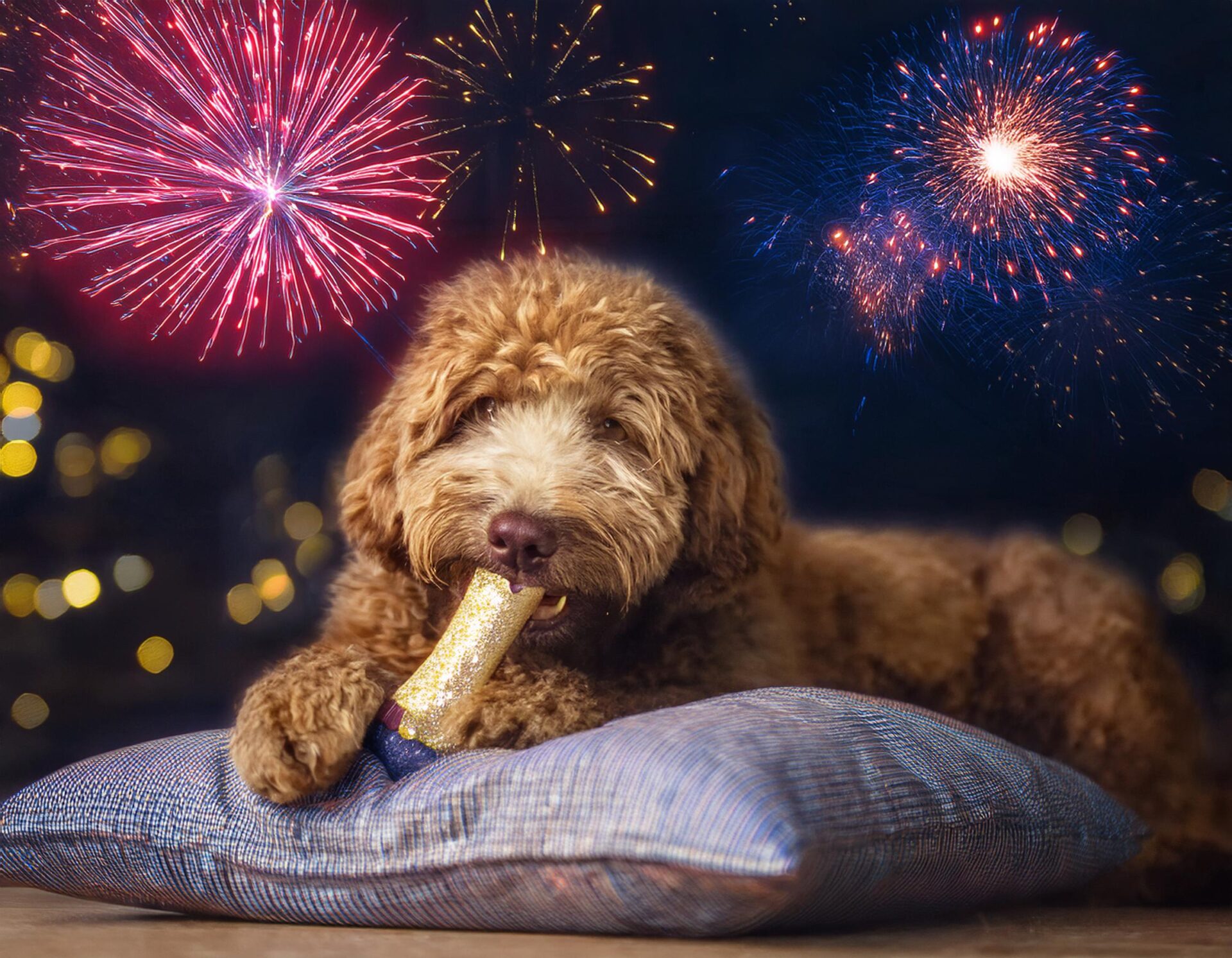 Firefly een labradoodle ligt op een kussen te kauwen op een kluif in de woonkamer en er is vuurwerk